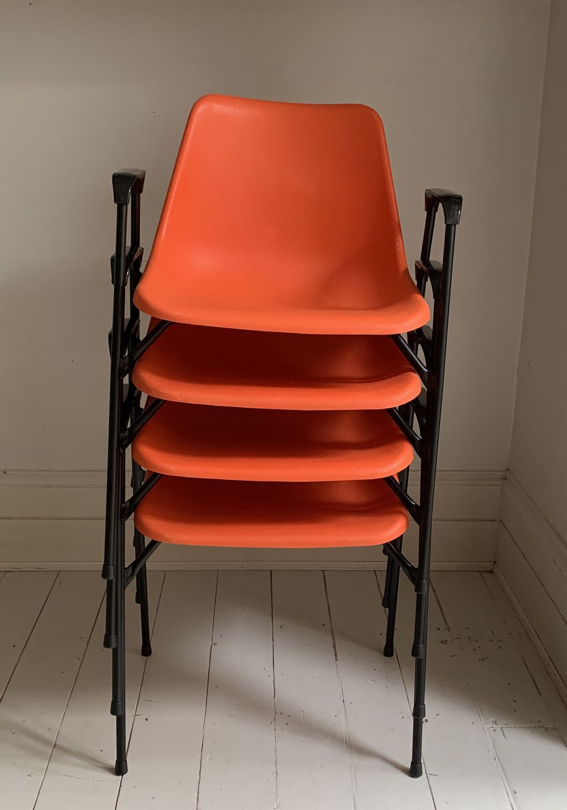 photo buy 4 X Rare Vintage Robin Day, For Hille Orange Stacking Chairs W/ Arms