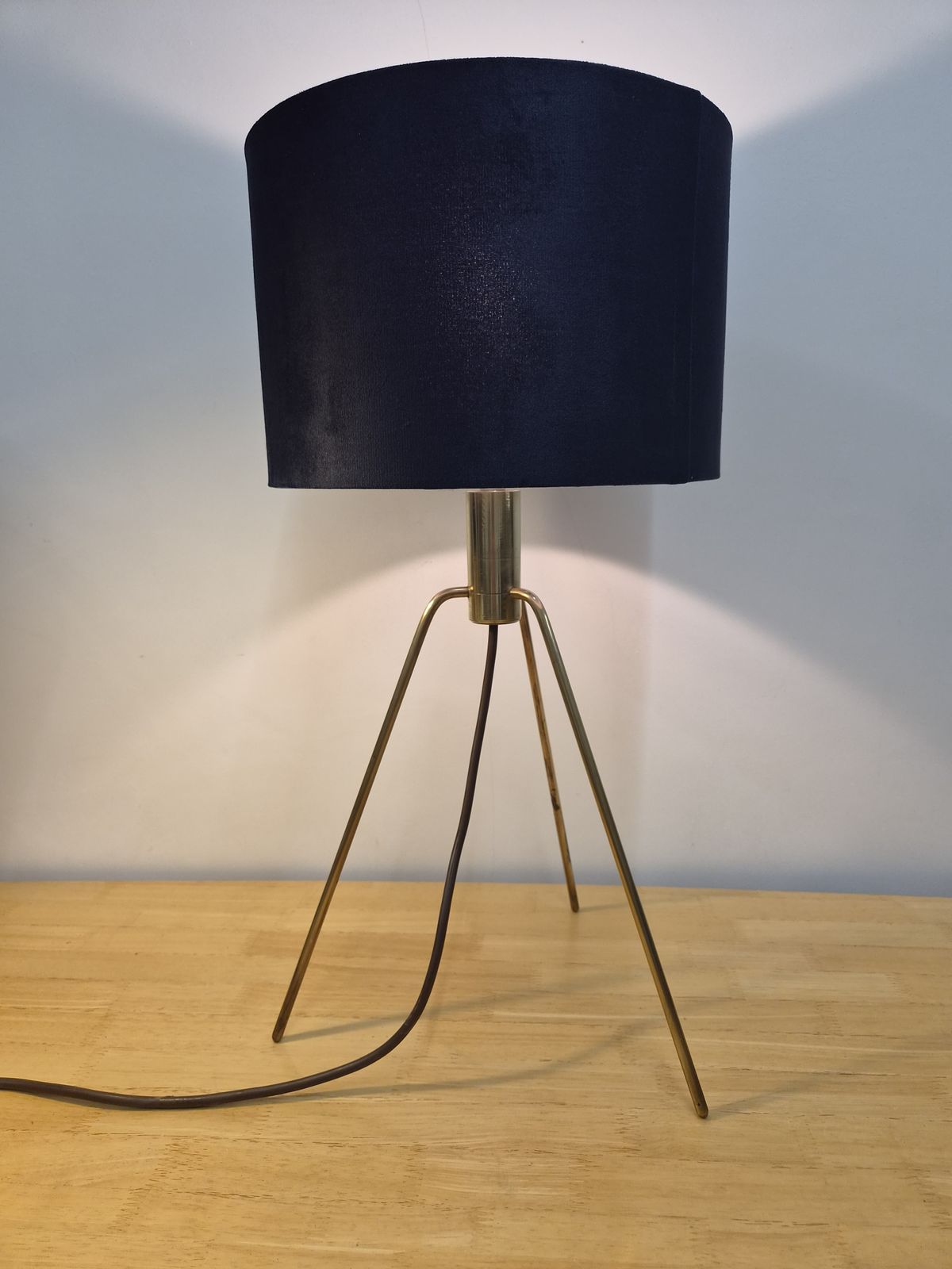 Mid Century Brass Tripod Table Lamp With Blue Drum Shade Minimalist Atomic Style, 1960s photo furniture