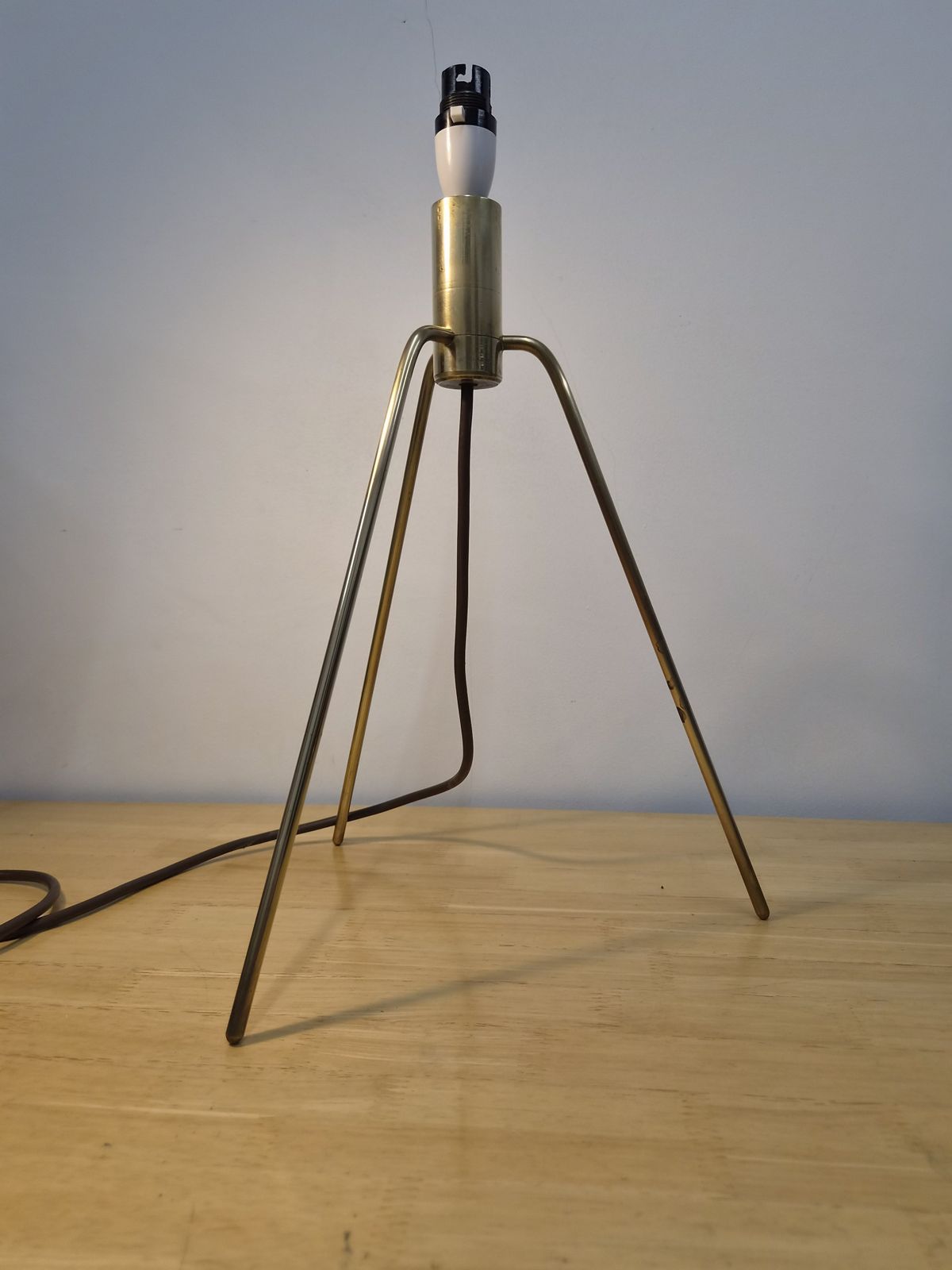 Mid Century Brass Tripod Table Lamp With Blue Drum Shade Minimalist Atomic Style, 1960s photo vinterior