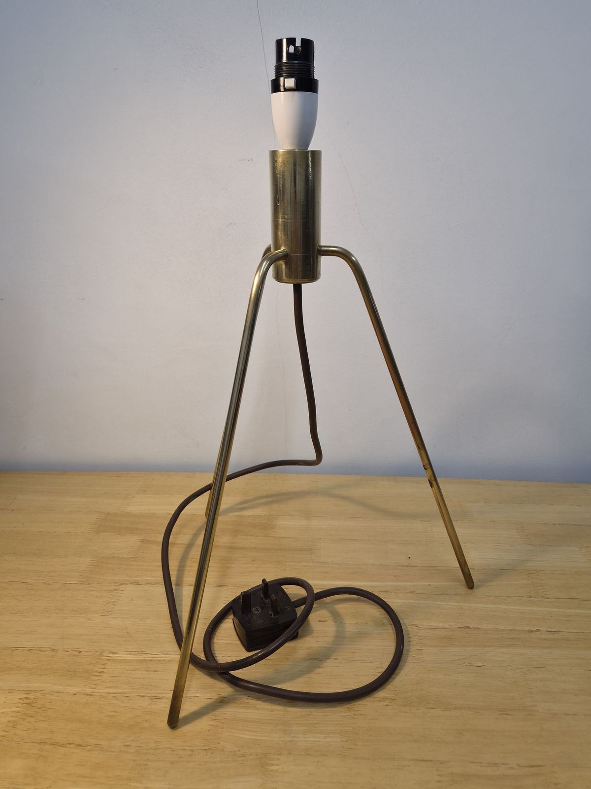 Mid Century Brass Tripod Table Lamp With Blue Drum Shade Minimalist Atomic Style, 1960s photo buy