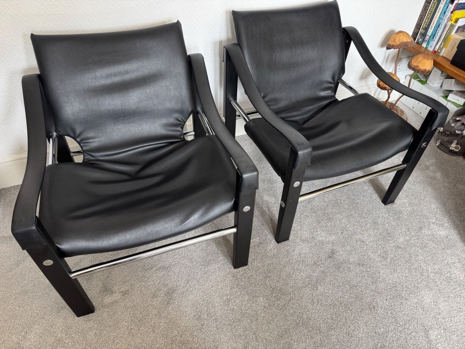 Arkana Safari Chairs By Maurice Burke. Black & Chrome. Pair Of Chairs.