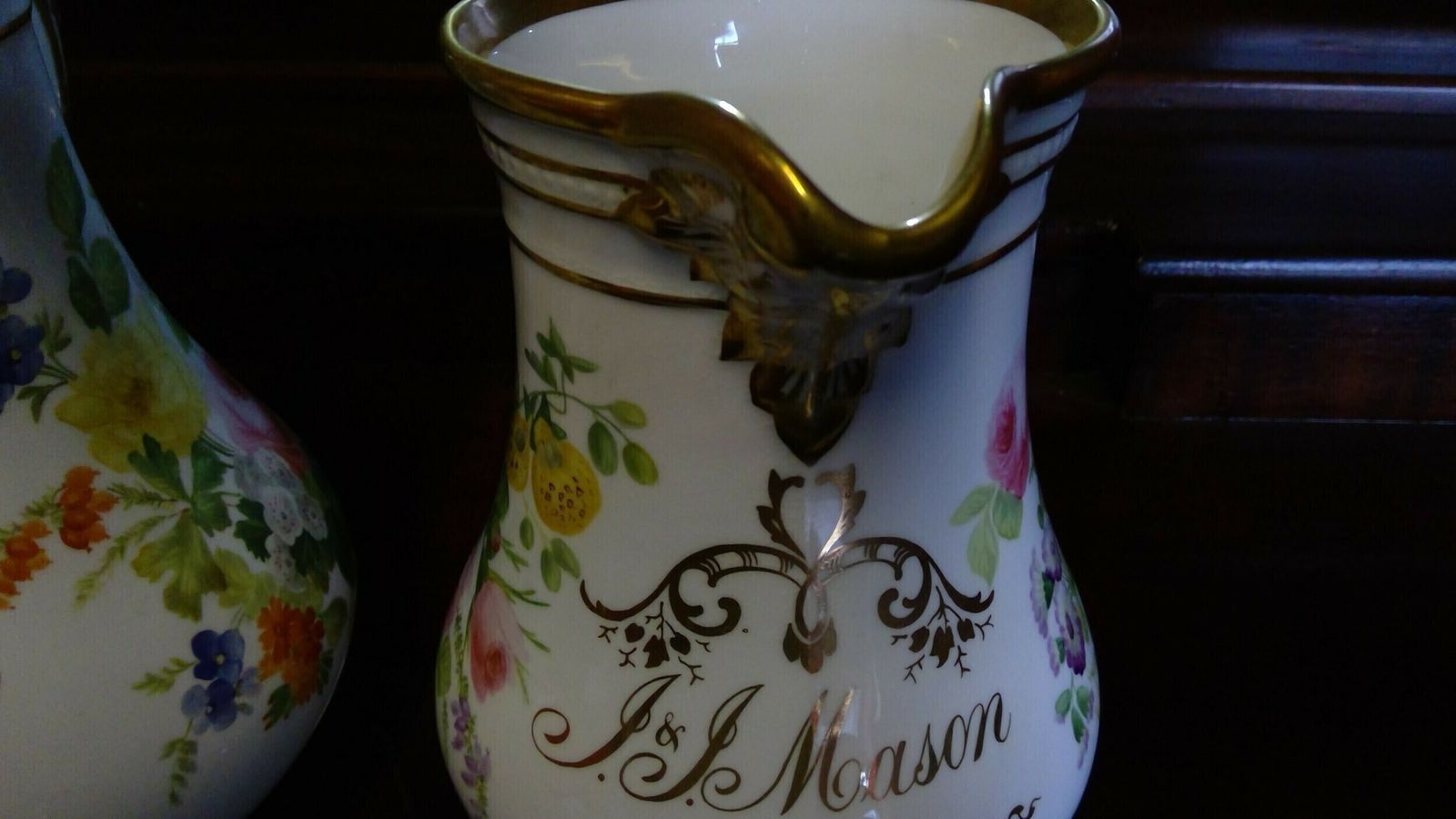 A Fine Quality Pair Of Rockingham Coalport Porcelain Botanical Floral Decorated Marriage Jugs Highlighted In Giltwork Dated 1860 photo vinterior