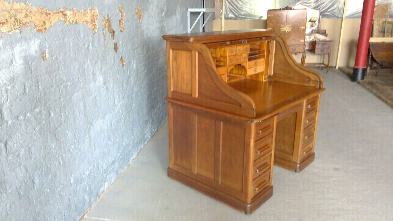 Roll Top Desk Of Large Size,And Of Fine Quality Walnut,With An S"Shaped Tambour Fronted Roll And A Well Fitted Canadian Maple Wood Interior(locks Work photo furniture