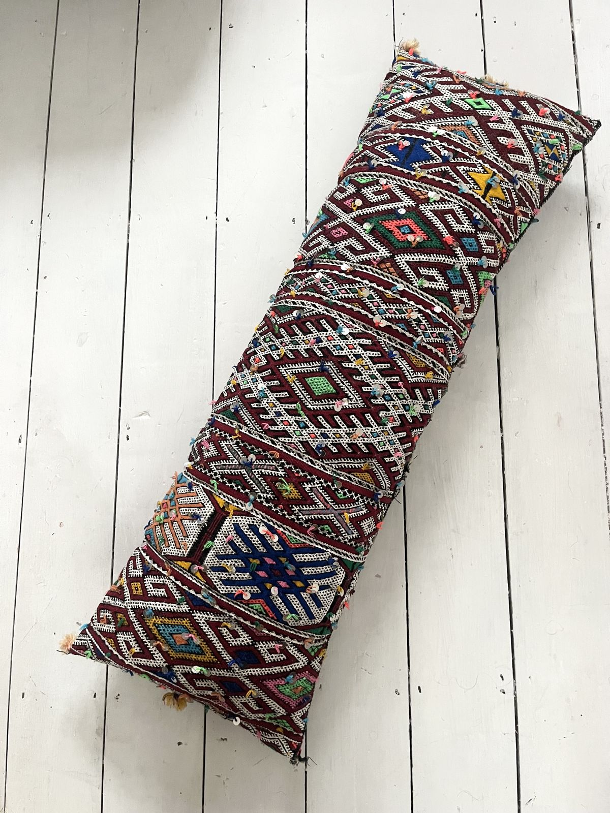 Textiles Vintage Moroccan Berber Xxxl Amazigh Tribal Motifs, Wool & Silk Rich Multicolour Tones Hand Sewn Sequinned Double Sided  Stuffed Cushion photo