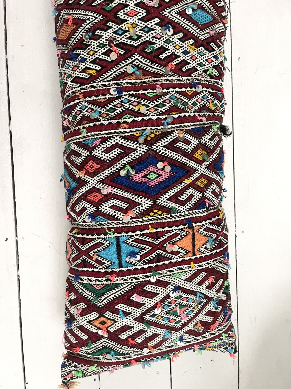 photo vinterior Vintage Moroccan Berber Xxxl Amazigh Tribal Motifs, Wool & Silk Rich Multicolour Tones Hand Sewn Sequinned Double Sided  Stuffed Cushion