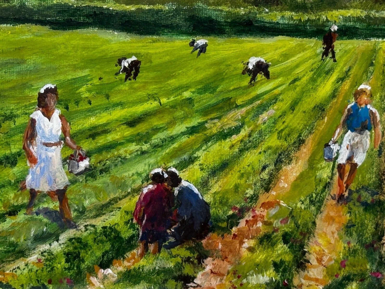 photo furniture Leslie Grover – The Strawberry Pickers | British Impressionist Oil Painting | South Downs Landscape