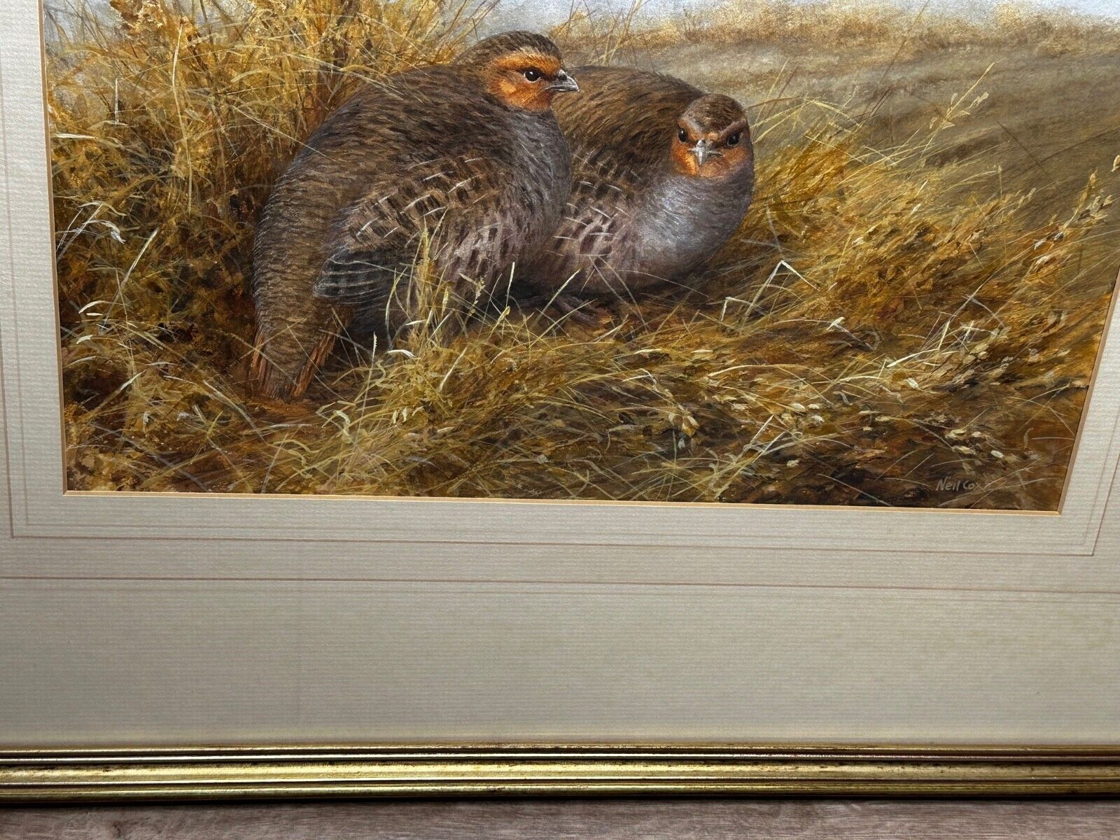 Grey Partridges Watercolour – British Wildlife Painting, Gilt Framed, In The Manner Of Archibald Thorburn photo Art