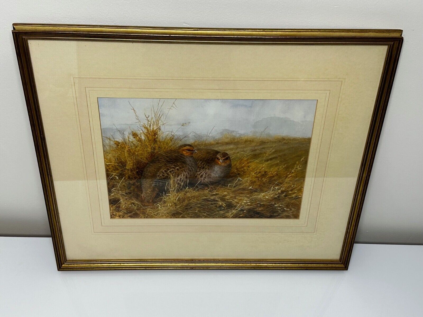 photo furniture Grey Partridges Watercolour – British Wildlife Painting, Gilt Framed, In The Manner Of Archibald Thorburn