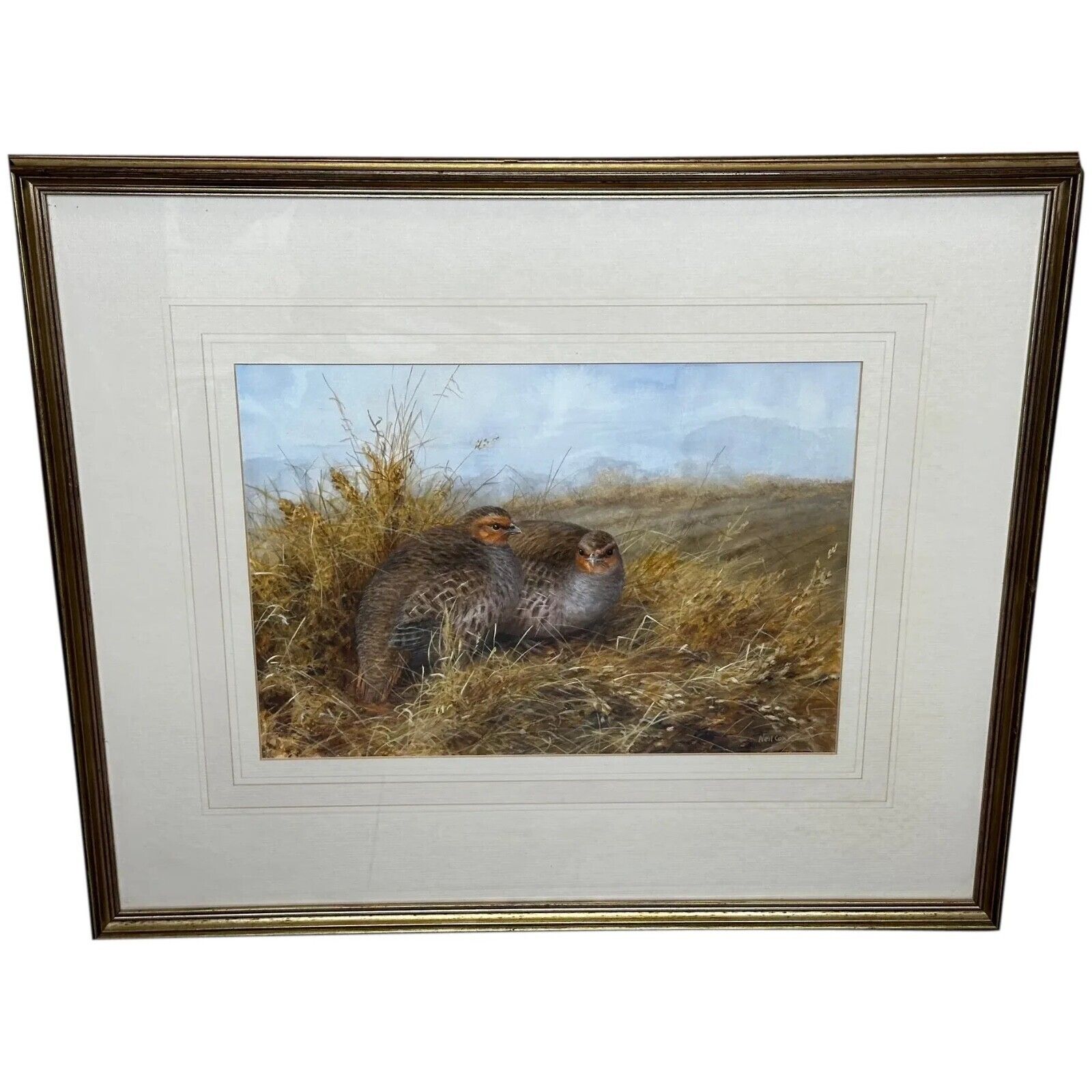 Grey Partridges Watercolour – British Wildlife Painting, Gilt Framed, In The Manner Of Archibald Thorburn