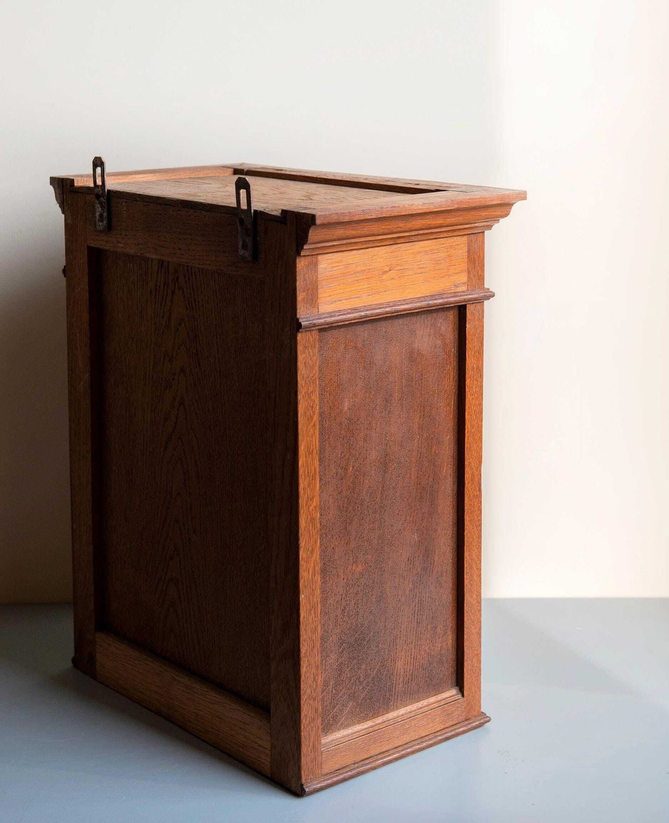 photo for sale Antique Oak Wall Cabinet With Beveled Mirror – Hand Carved Hanging Medicine Chest – 19th Century.