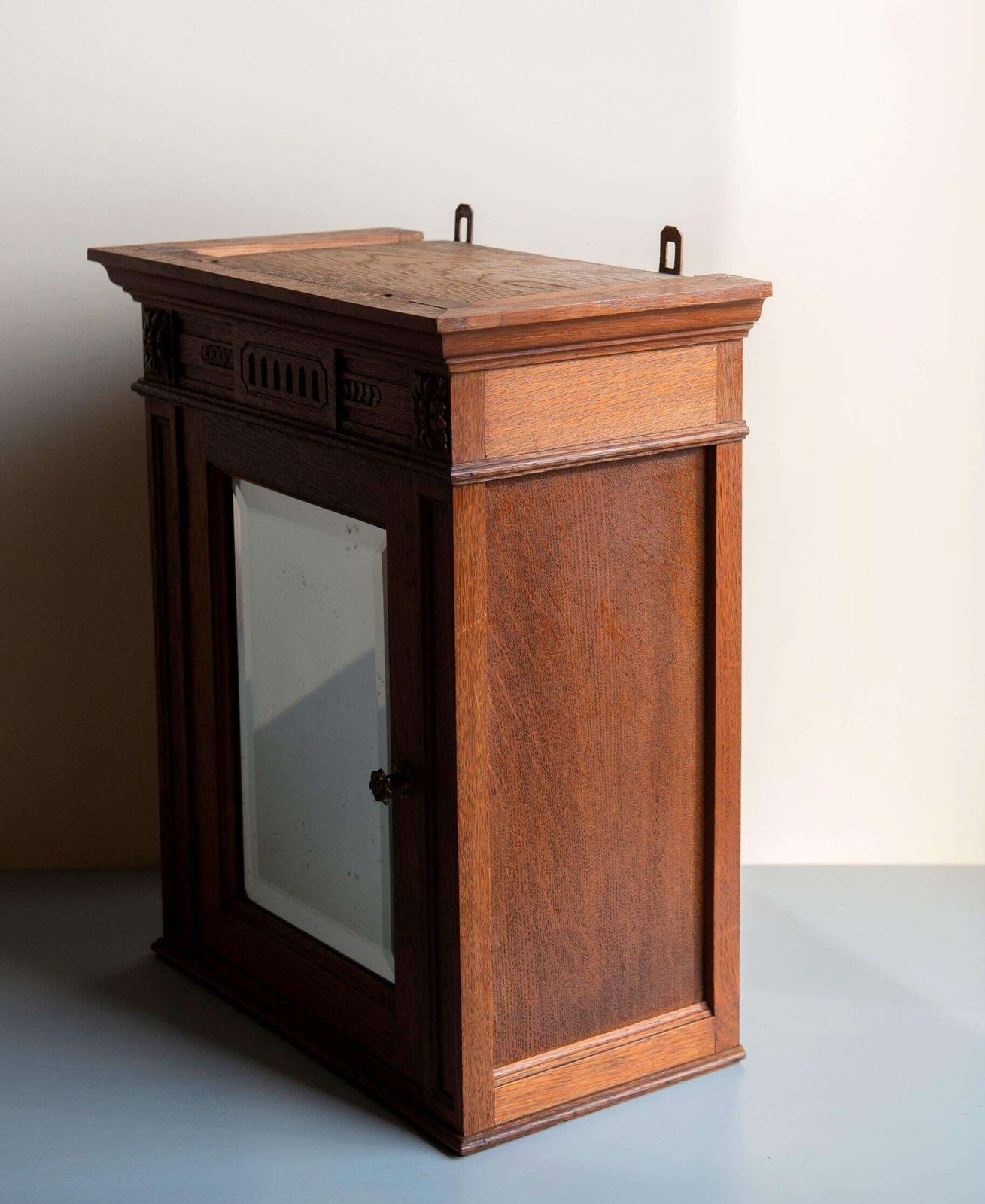 Furniture Antique Oak Wall Cabinet With Beveled Mirror – Hand Carved Hanging Medicine Chest – 19th Century. photo