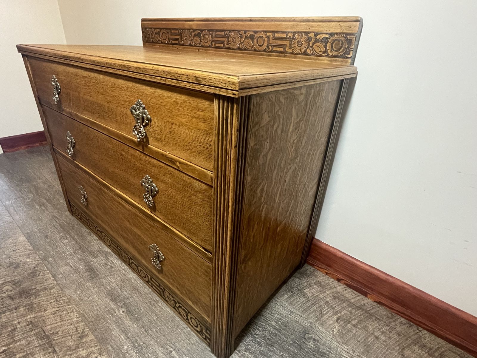 Carved Oak Chest Of Drawers | Vintage 3 Drawer Commode With Ornate Handles & Greek Key Motif photo Furniture
