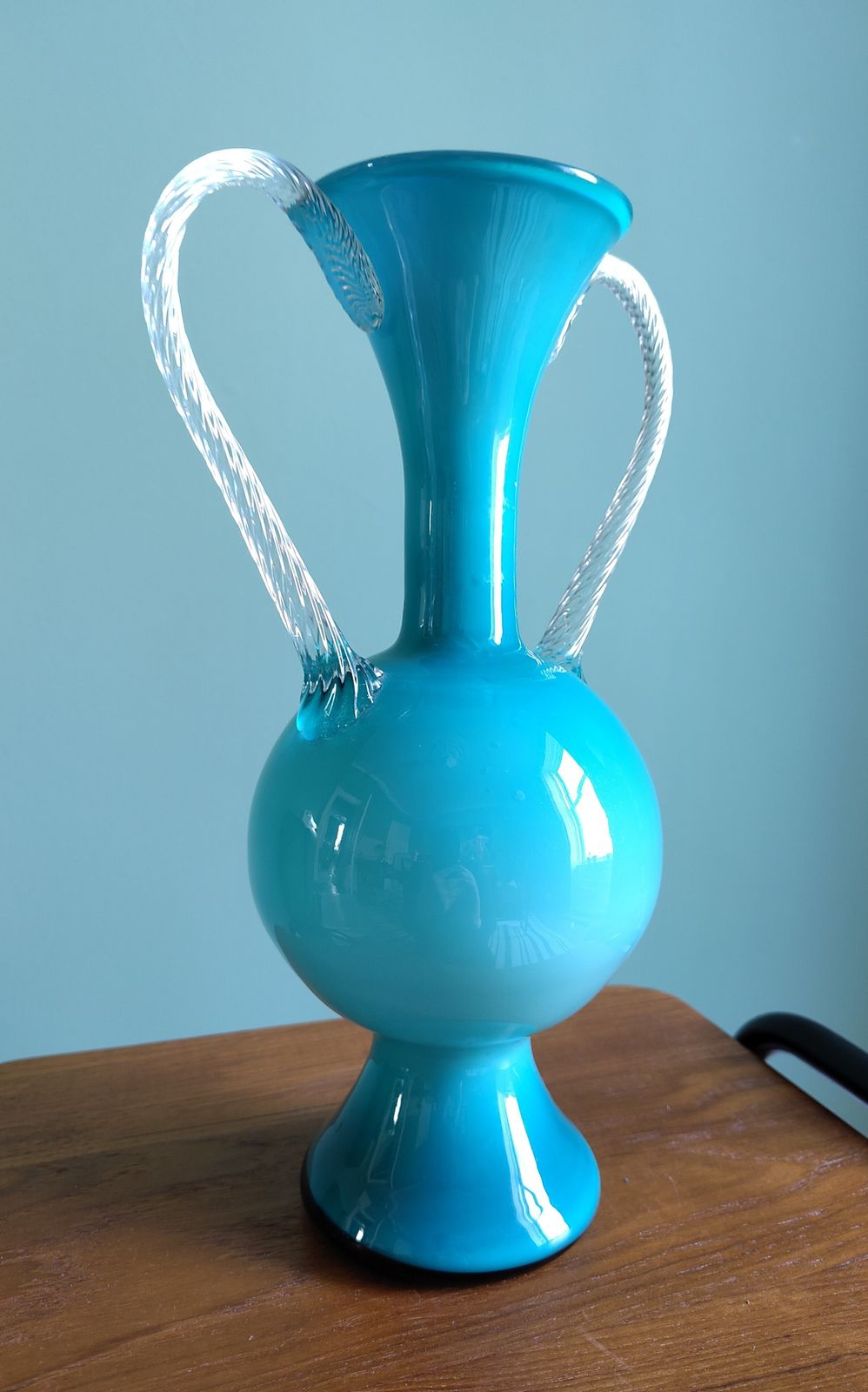 Museum Grade Jugendstil ‘Petrol’ Cased Glass Amphora (C. 1900) Luminous Deep Blue Over Opaline | Hand Blown 32.5cm Sculptural Form | Twisted Clear Handles | Four Generation Provenance photo for sale