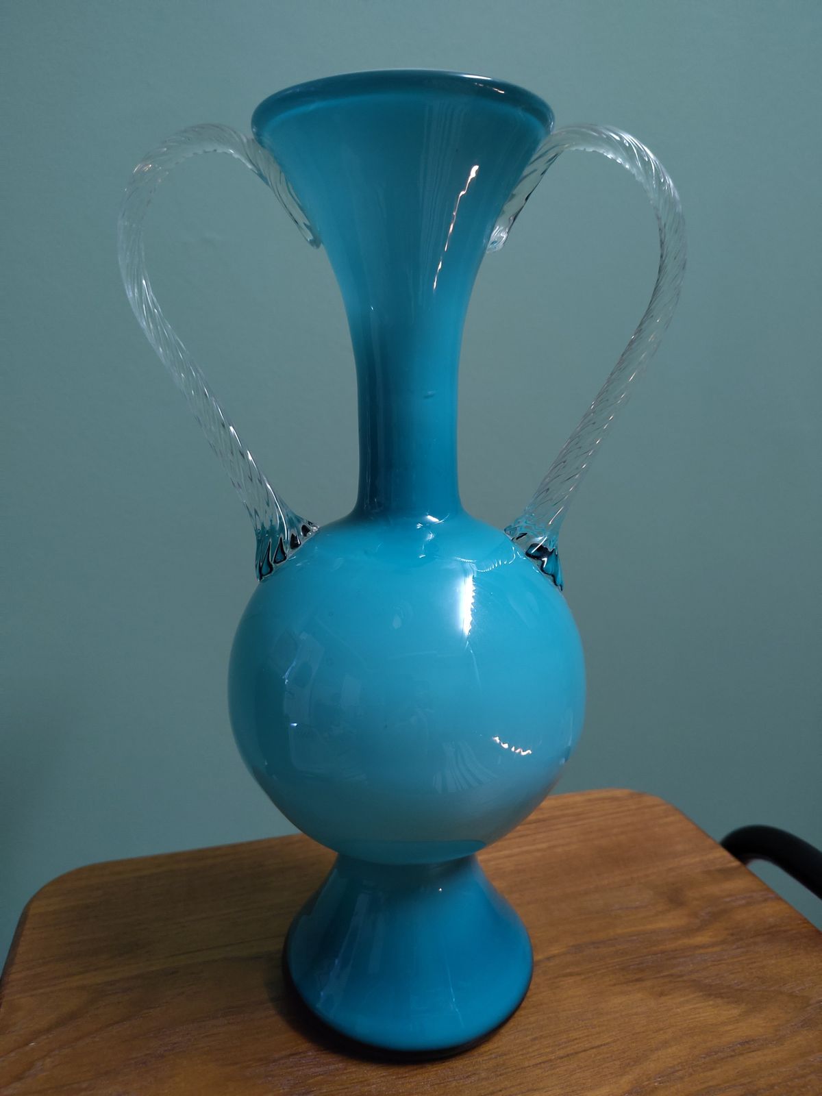 Museum Grade Jugendstil ‘Petrol’ Cased Glass Amphora (C. 1900) Luminous Deep Blue Over Opaline | Hand Blown 32.5cm Sculptural Form | Twisted Clear Handles | Four Generation Provenance photo vintage