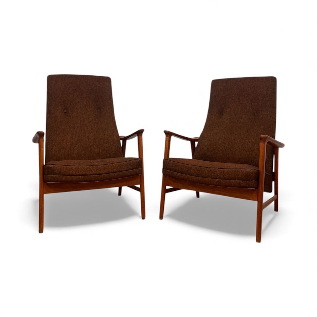 Pair Of Mid Century Folke Ohlsson “Duxiesta” Adjustable Teak Lounge Chairs In Brown Wool, Dux Sweden, 1960s photo buy