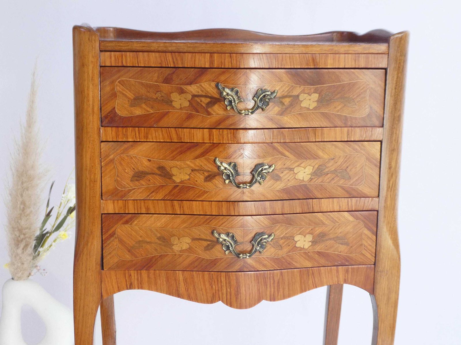 French Marquetry Nightstand Louis XV Style, Wooden Inlaid Side Table With Drawers photo furniture