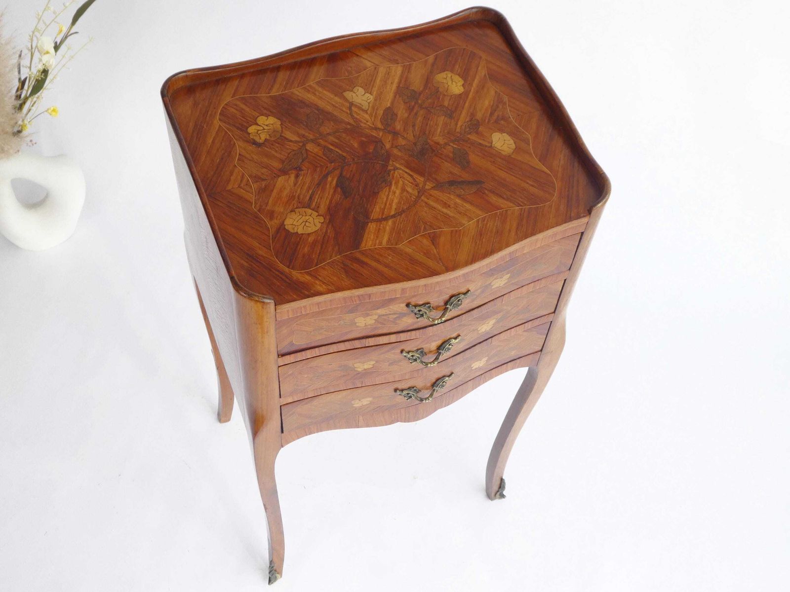 French Marquetry Nightstand Louis XV Style, Wooden Inlaid Side Table With Drawers photo for sale