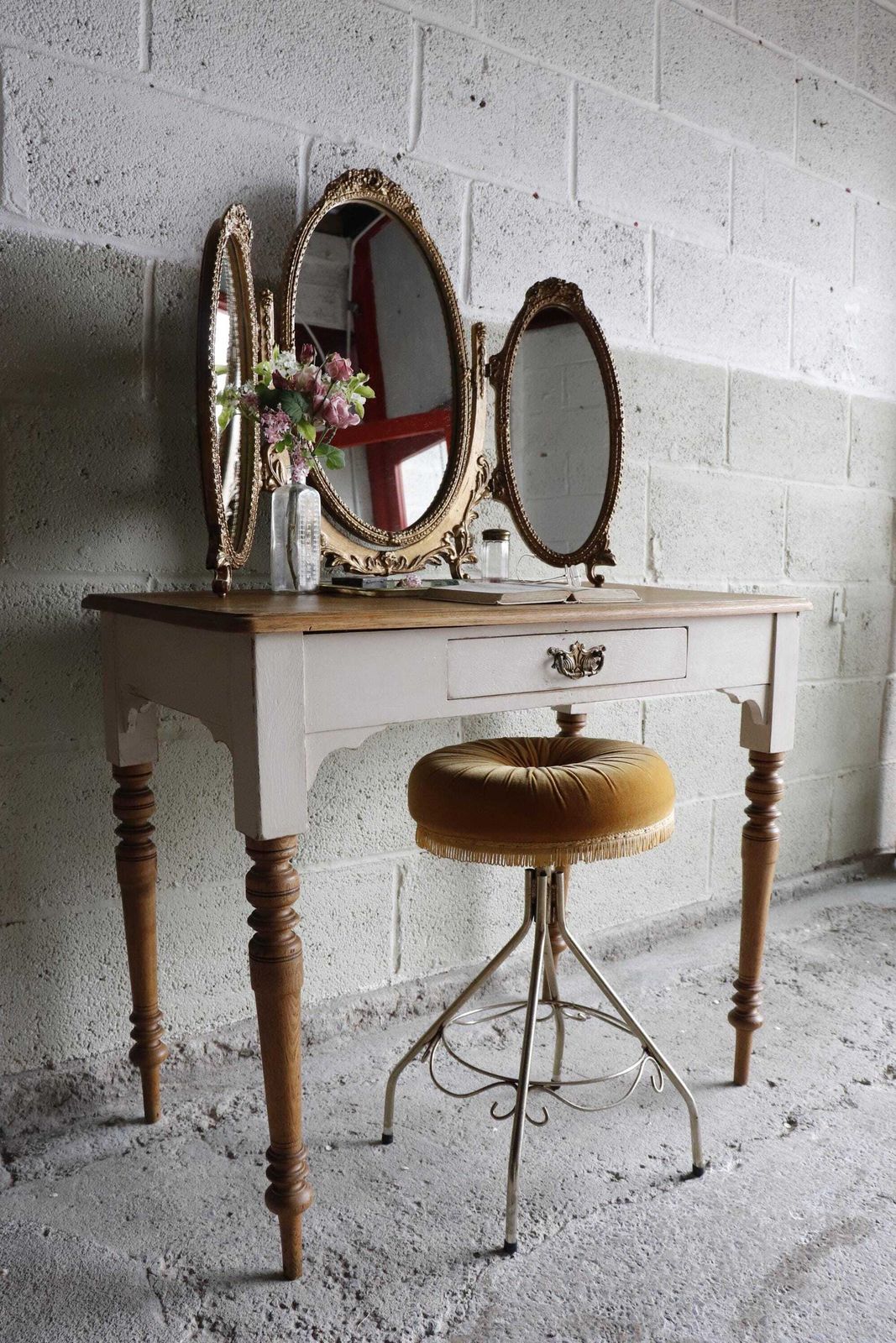 Part Painted Pine And Oak Washstand, Dressing Table Or Desk In Stone Rosie photo for sale