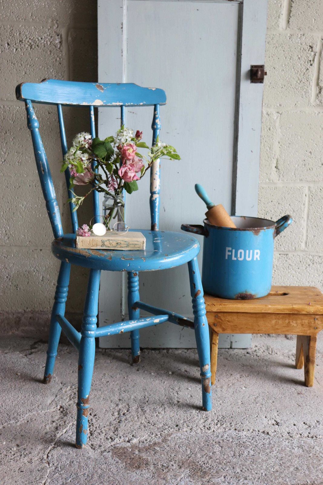 Charming Orignal Shabby Blue Painted Spindle Back Farmhouse Penny Chair photo for sale