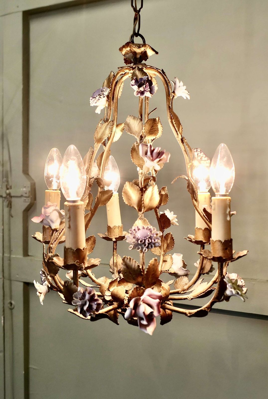 French Gilt Toleware And Floral Ceramic 6 Branch Chandelier photo Lighting