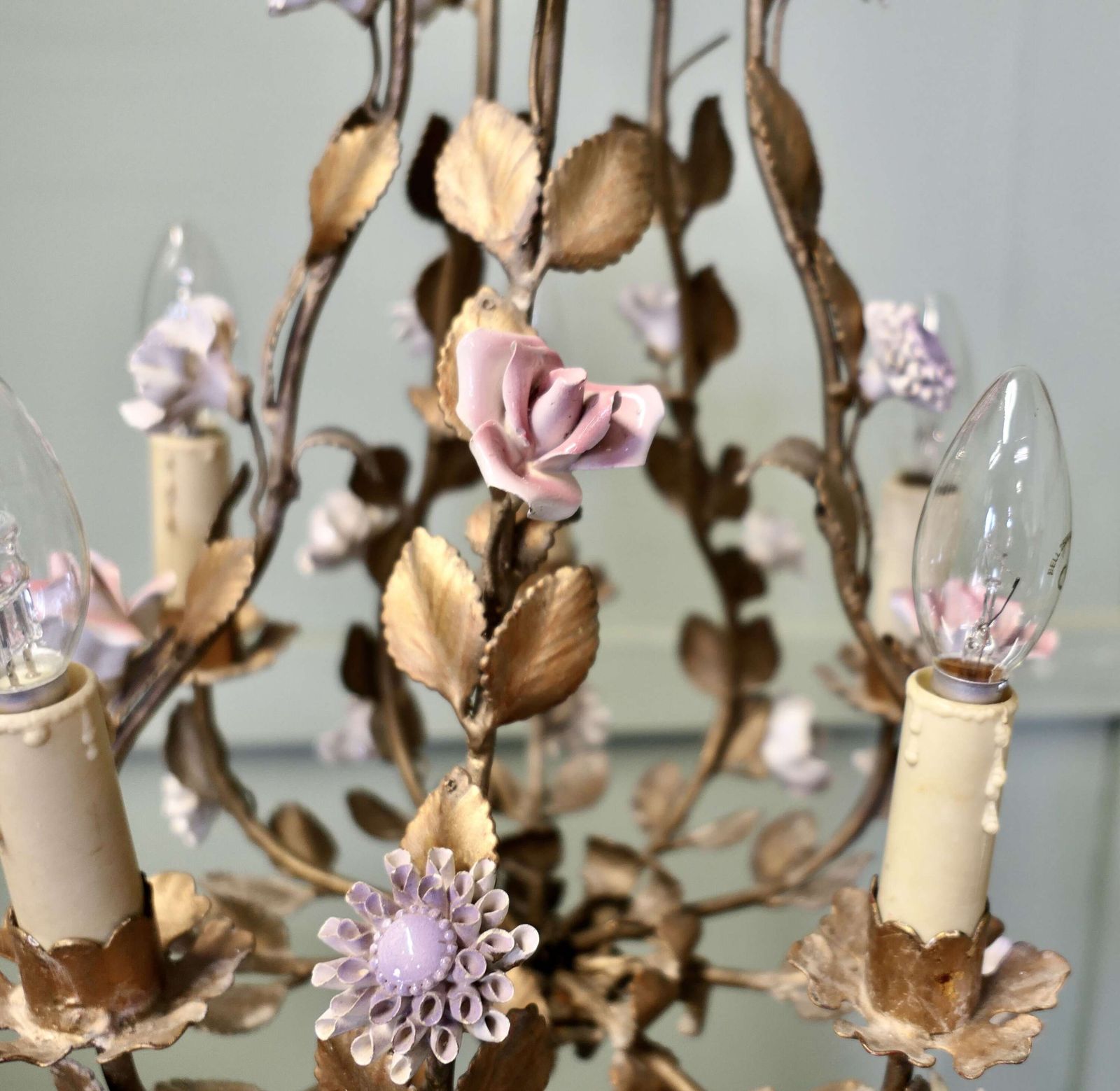 French Gilt Toleware And Floral Ceramic 6 Branch Chandelier photo vinterior