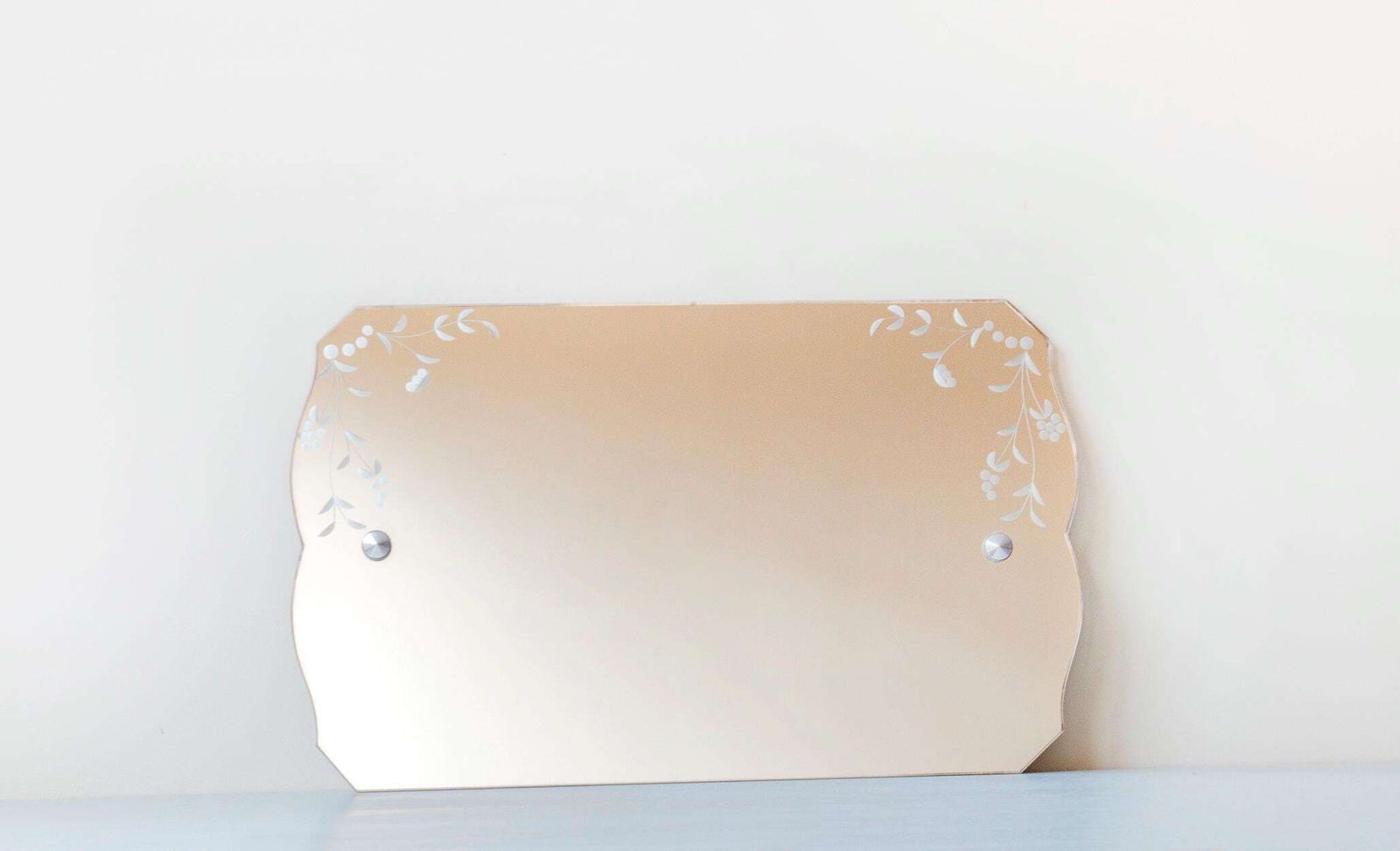 photo furniture Antique Frameless Mirror   Art Deco Wall Mirror With Etched Floral Glass, 1940s