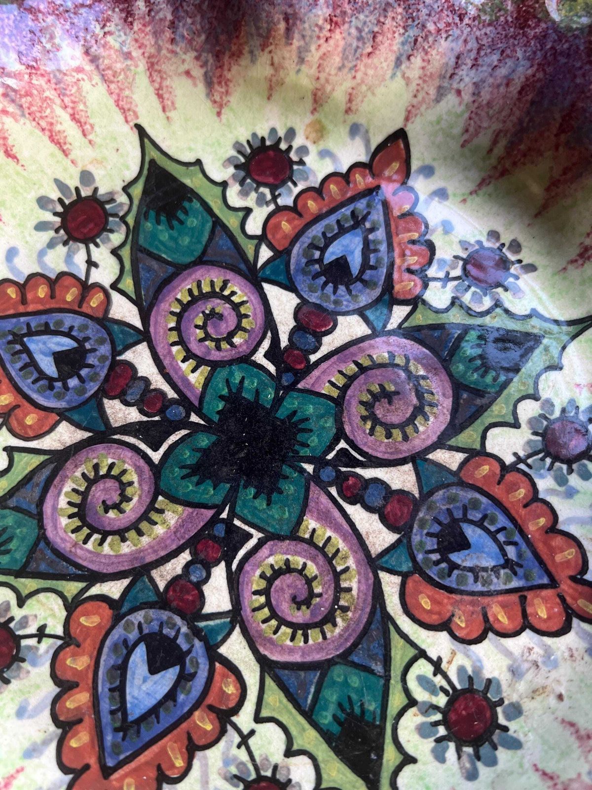 Decorative Faience Plate. Signed Paul Fouillen Quimper France. Hand Painted Floral Mandala Motif Scalloped Rim. Gallery Wall Decor. photo furniture