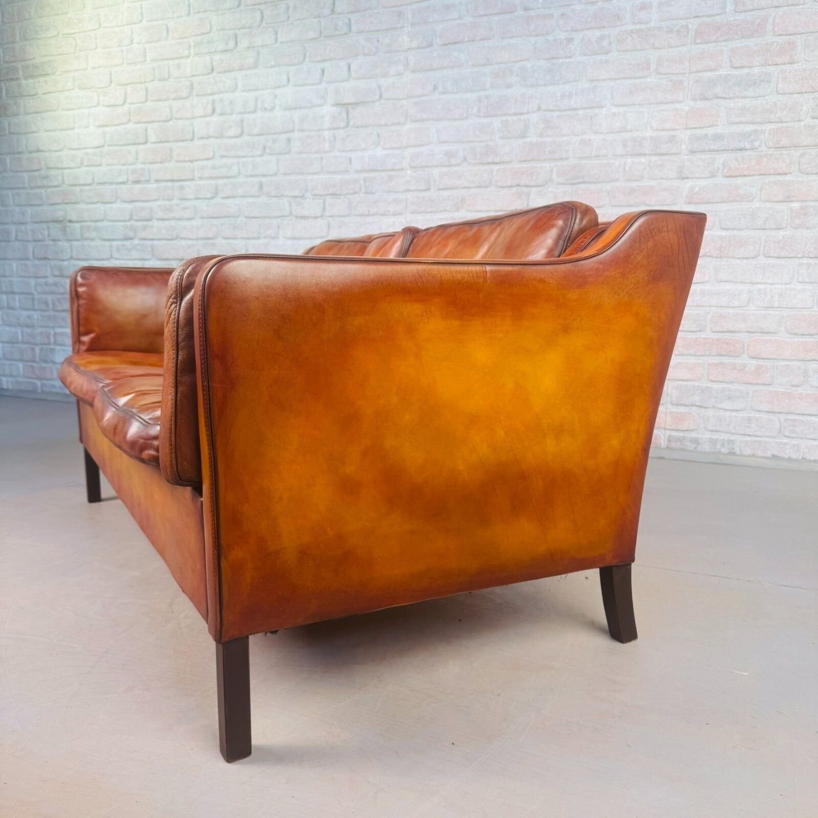 Vintage Danish Tan Leather Two Seater Sofa 1970s Mid Century Hand Dyed photo vinterior