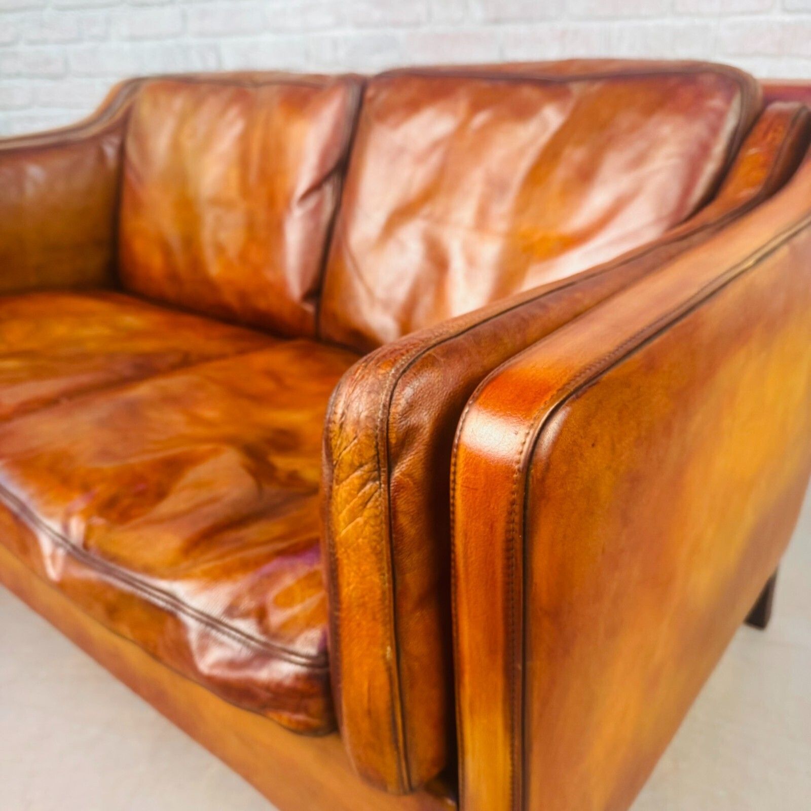 Vintage Danish Tan Leather Two Seater Sofa 1970s Mid Century Hand Dyed photo vintage