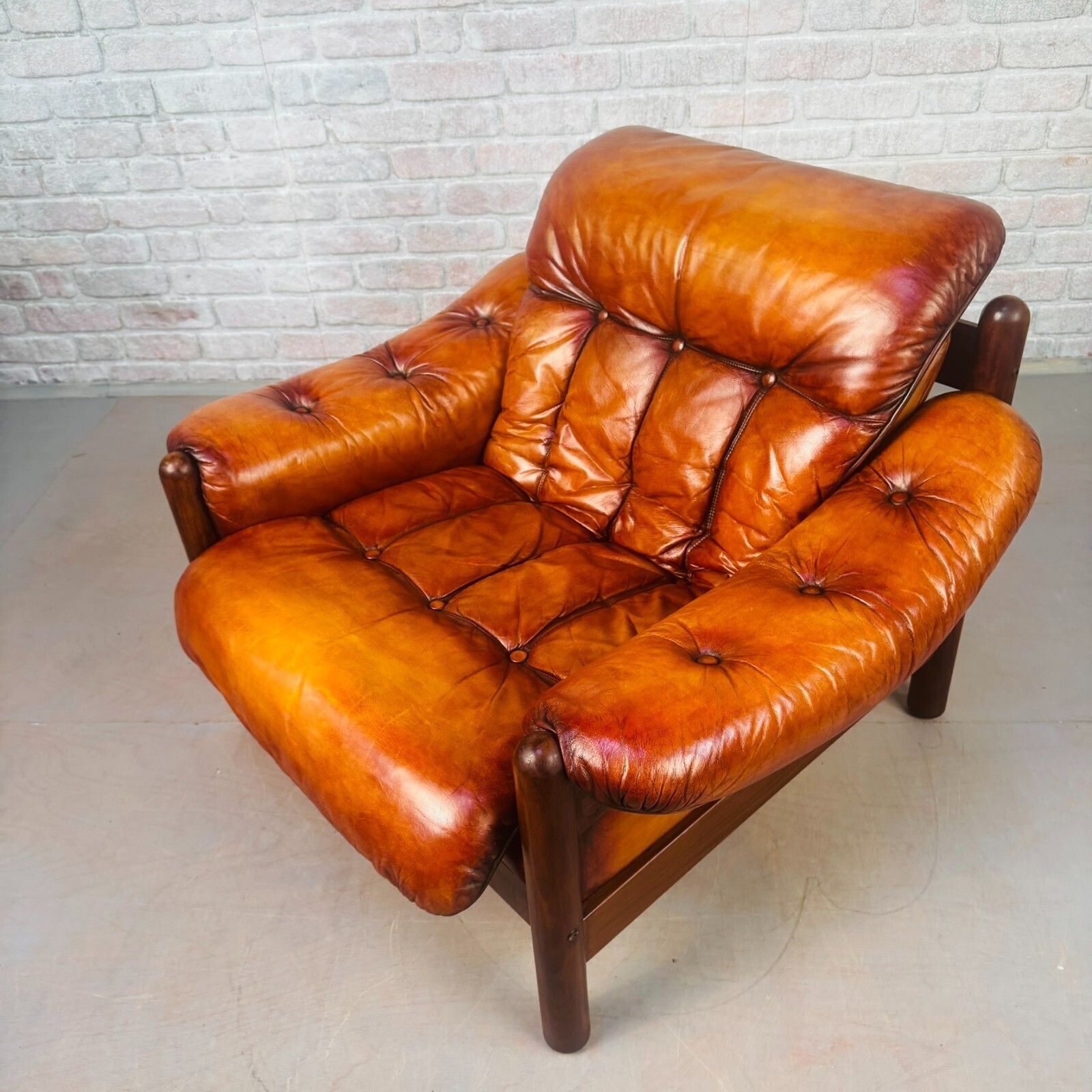 photo for sale Vintage Swedish Cognac Leather Armchair Mid Century Scandinavian Lounge Chair