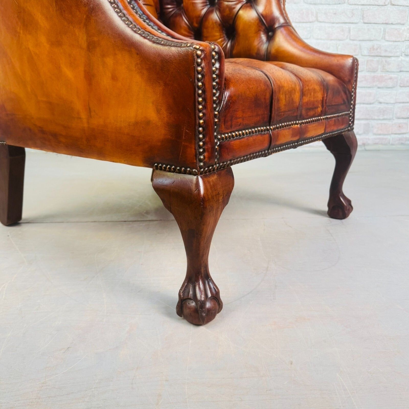 Vintage English Chesterfield Tan Leather Armchair Ball & Claw Mahogany Chair photo buy