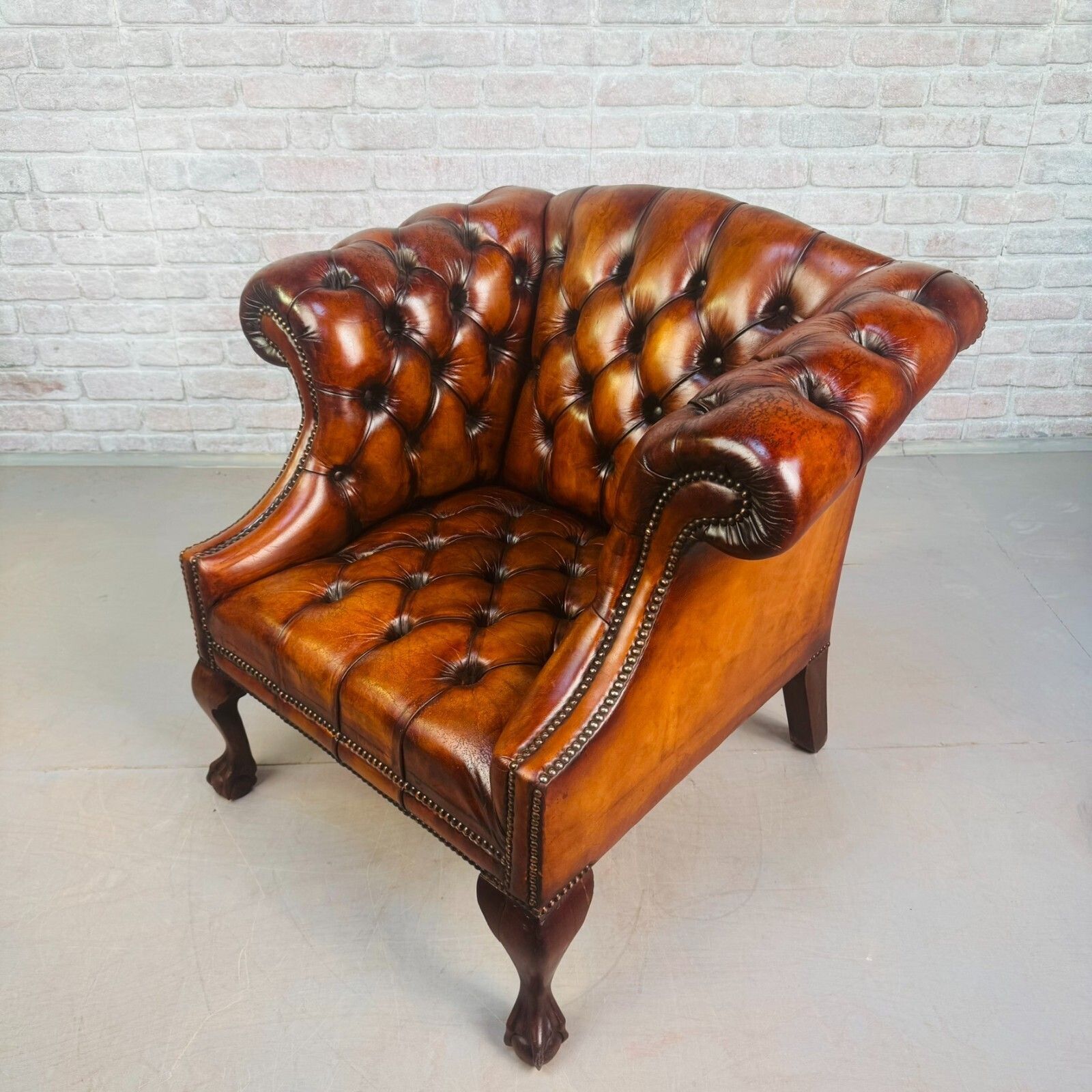 photo for sale Vintage English Chesterfield Tan Leather Armchair Ball & Claw Mahogany Chair