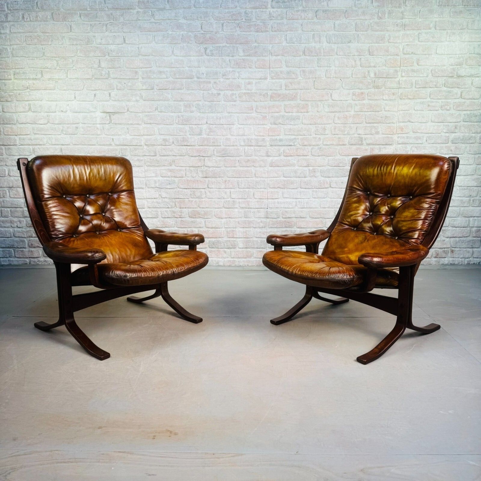 Pair Of Vintage Danish Tan Leather Armchairs High Back Mid Century Chairs photo for sale