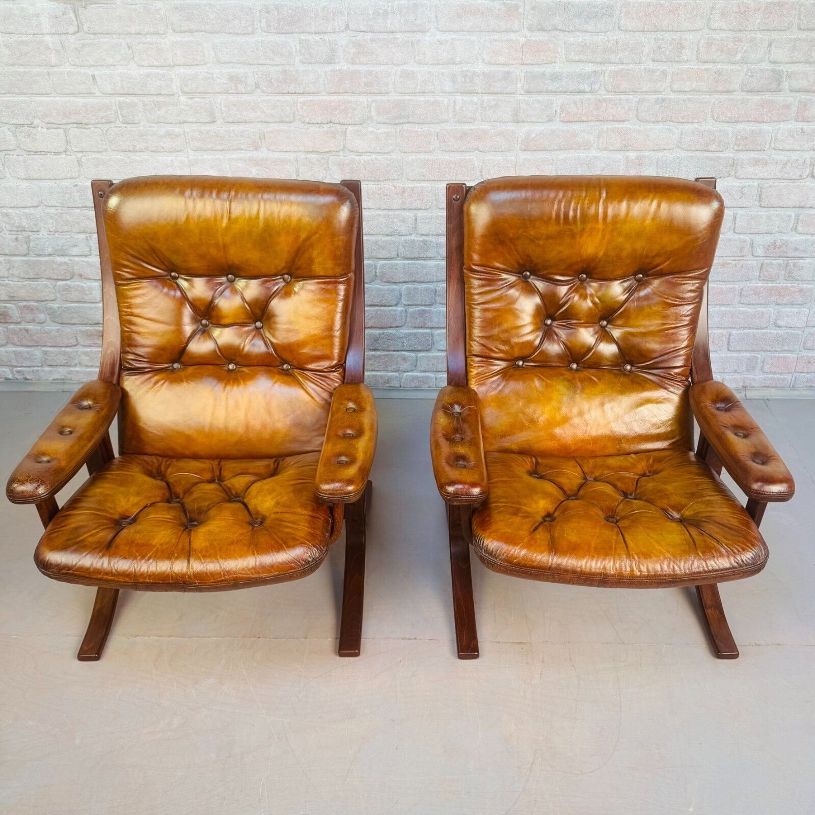 Pair Of Vintage Danish Tan Leather Armchairs High Back Mid Century Chairs photo 1425.0