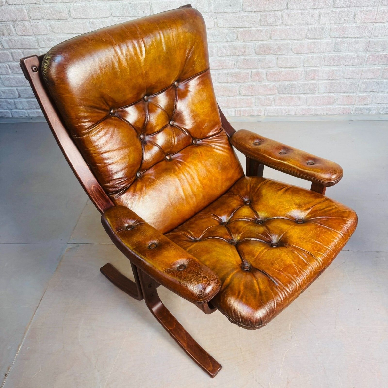 photo buy Pair Of Vintage Danish Tan Leather Armchairs High Back Mid Century Chairs