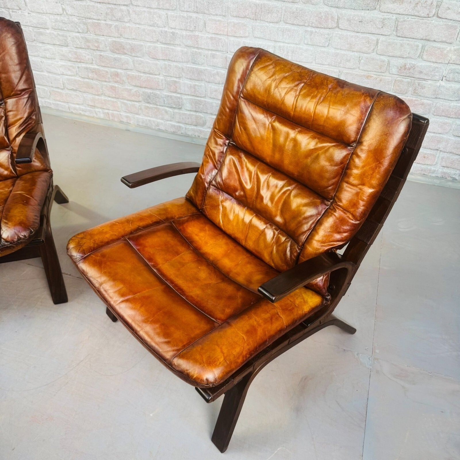 Mid Century Danish Farstrup Mobler Tan Leather Armchairs Pair Bentwood Miljø photo for sale