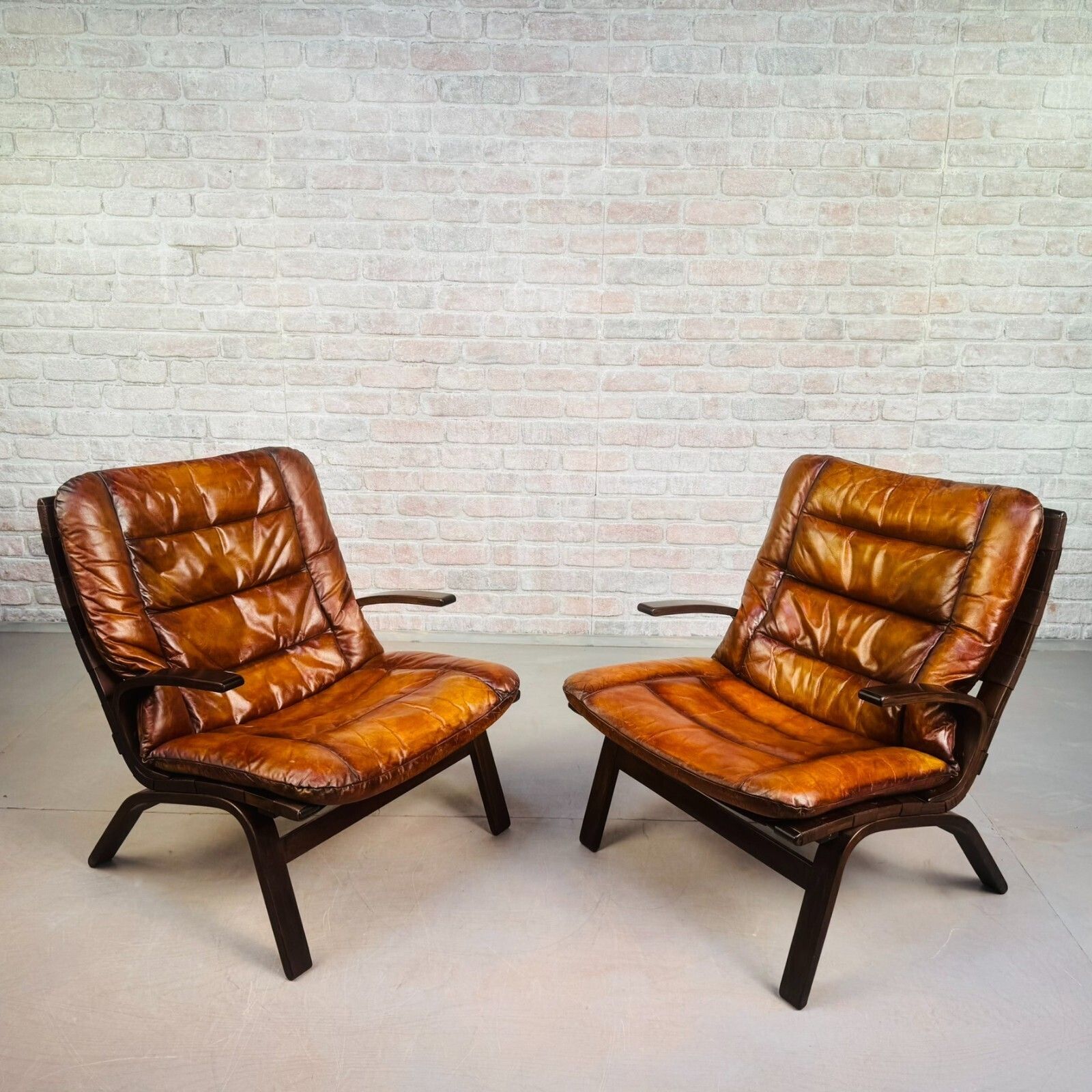 Mid Century Danish Farstrup Mobler Tan Leather Armchairs Pair Bentwood Miljø photo Furniture