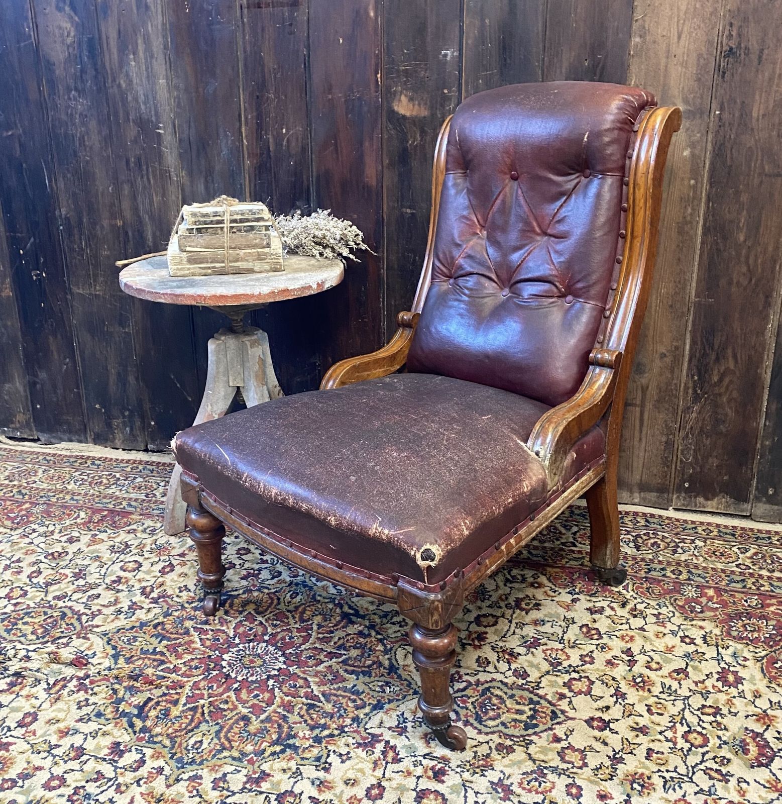 Antique Victorian Faux Leather Horseshair Fireside Reading C & C Castors Chair