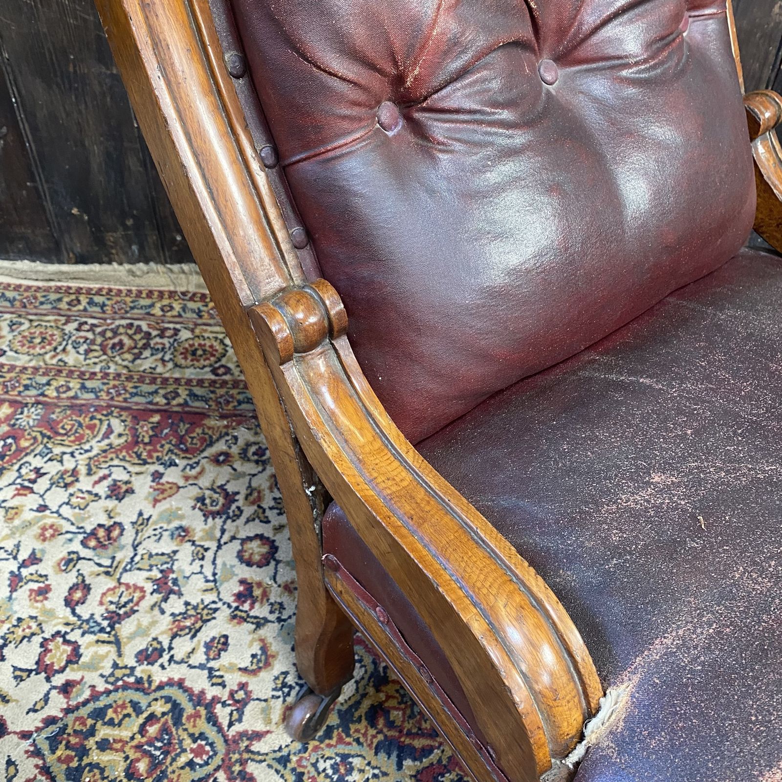 Antique Victorian Faux Leather Horseshair Fireside Reading C & C Castors Chair photo for sale