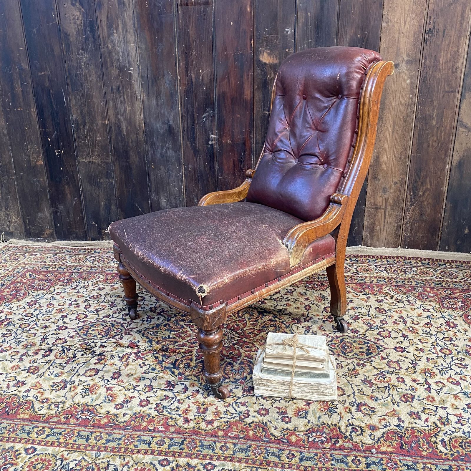 Antique Victorian Faux Leather Horseshair Fireside Reading C & C Castors Chair photo vinterior