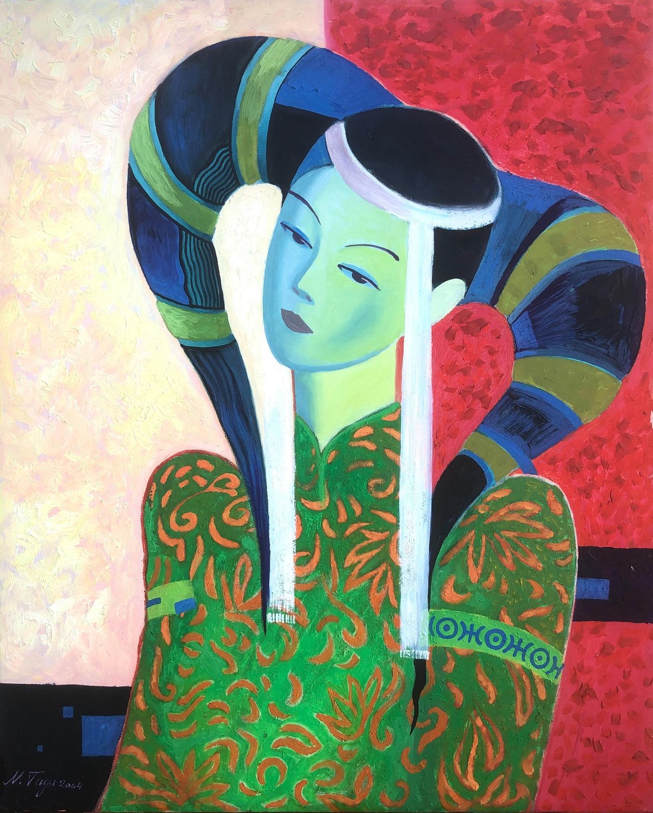Tuya Natsagdorj Asian Modernist Female Portrait Painting Decorative Figurative Oil Composition 2004
