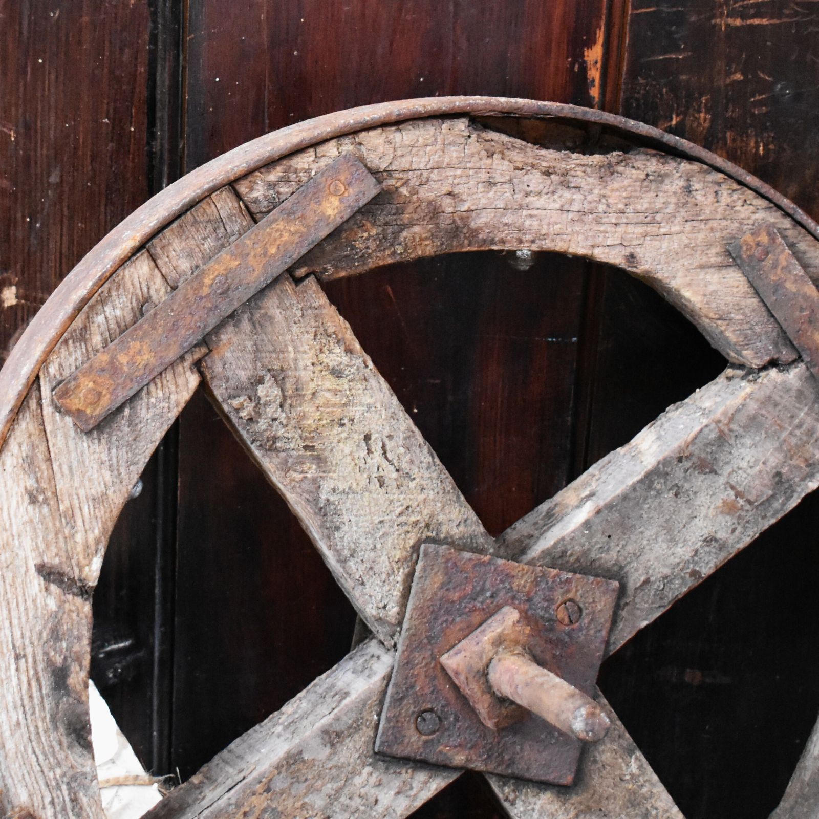 Antique Salvaged Wooden Garden Decorative Display Cart Wheel photo Garden Decor