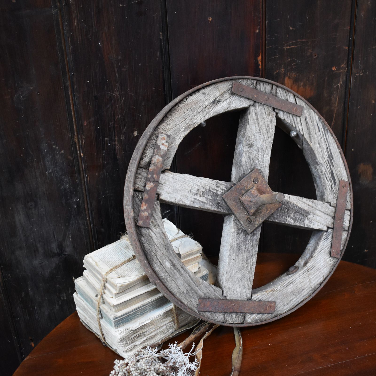 Garden Decor Antique Salvaged Wooden Garden Decorative Display Cart Wheel photo