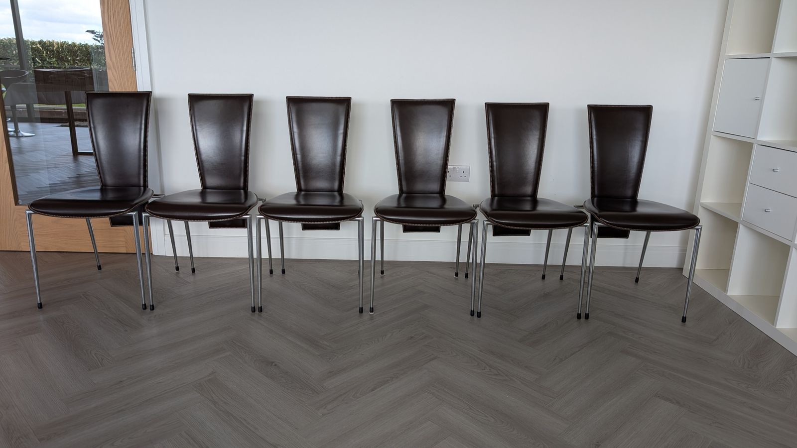 Set Of 6 Arper Italian Leather Dining Chairs – Contrast Stitching, Chrome Frame photo furniture