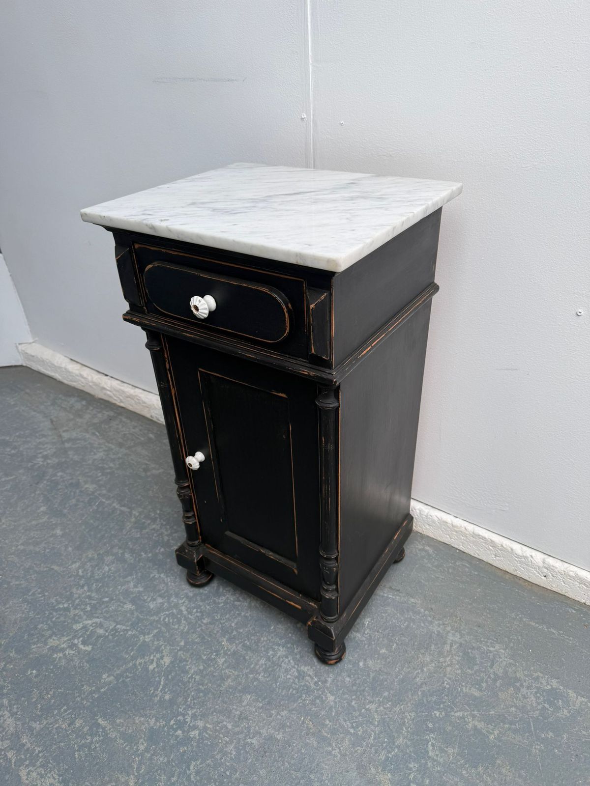 A Genuine Hungarian Pine Painted Black Marble Victorian Bedside Cabinet