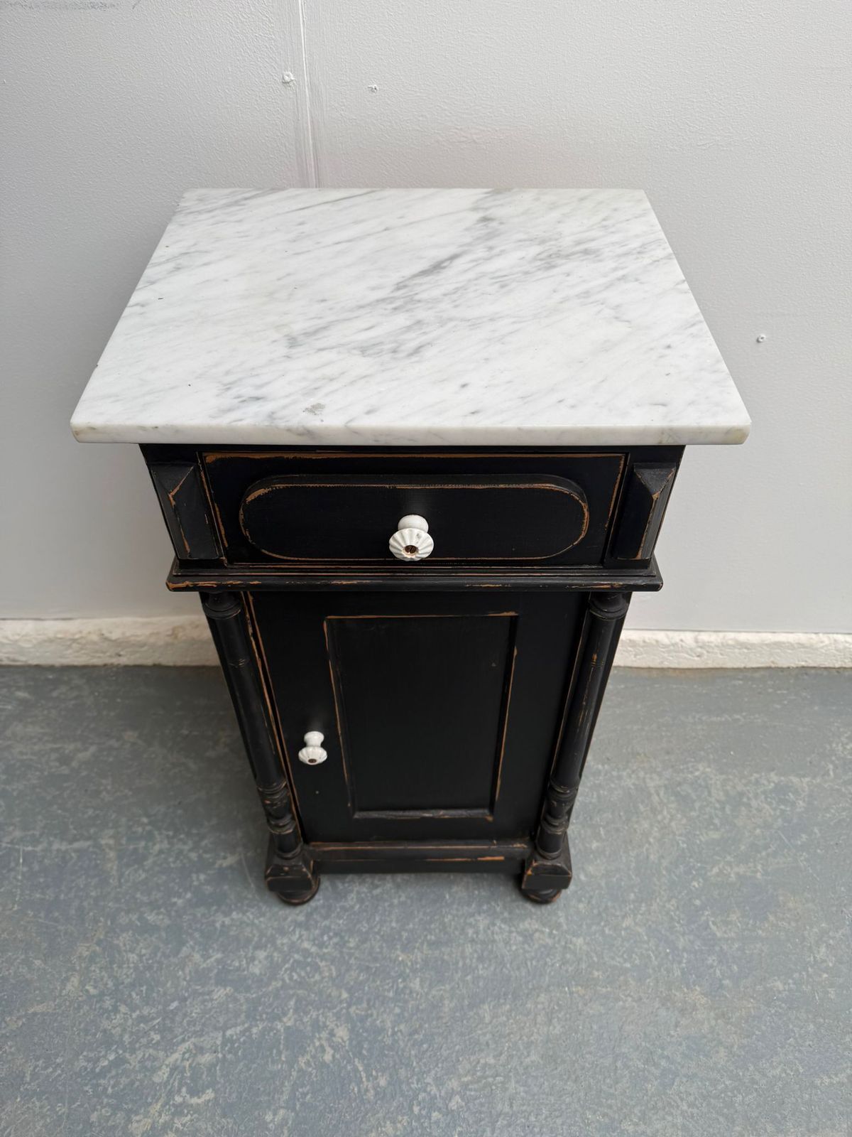 A Genuine Hungarian Pine Painted Black Marble Victorian Bedside Cabinet photo for sale