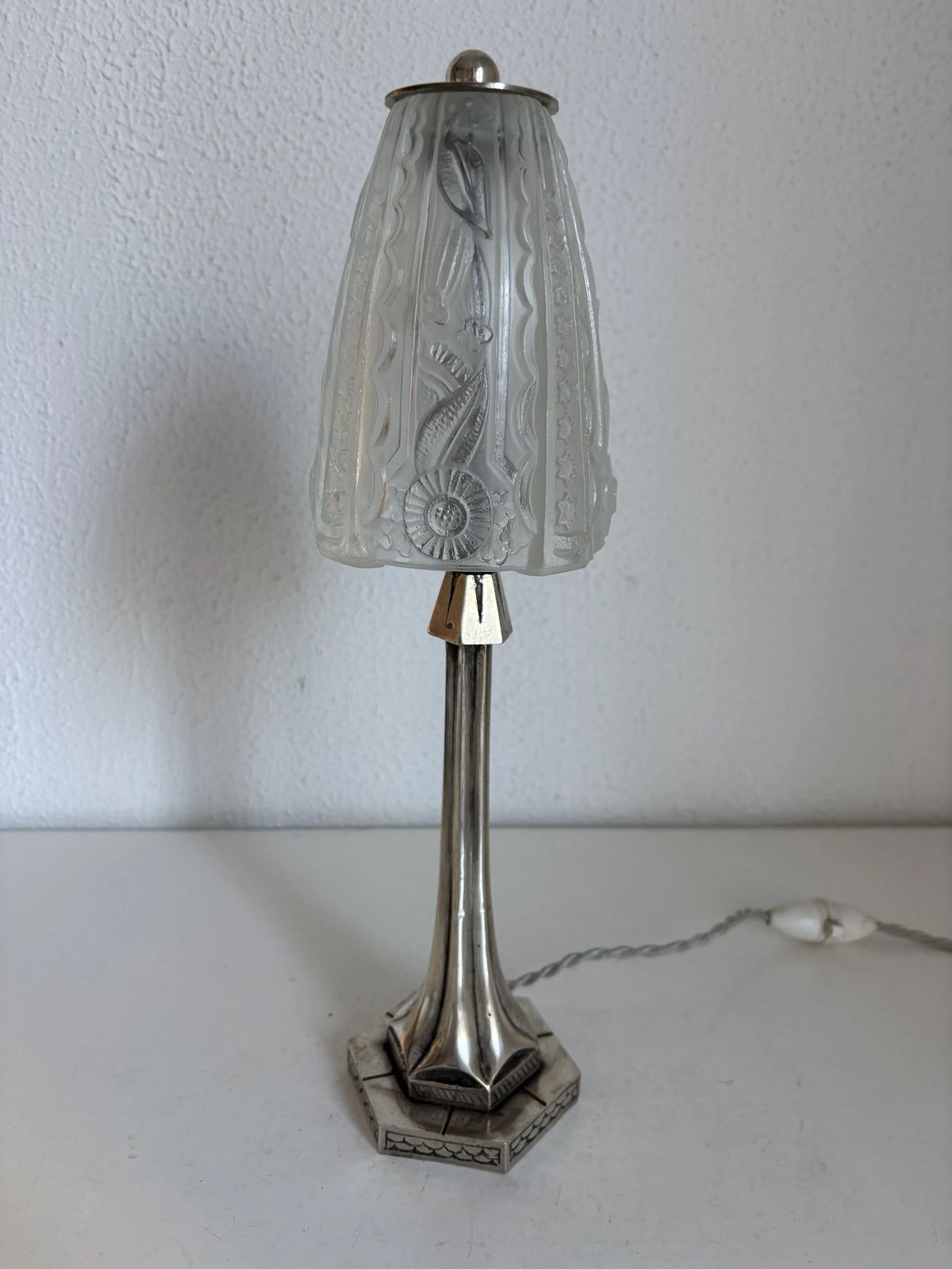 Art Deco Table Lamp, 1920s–1930s — Nickel Plated Metal Tree Trunk Base, Molded Pressed Glass Shade — France   35cm photo Lighting