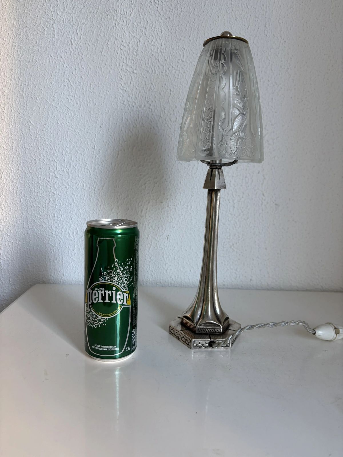 Art Deco Table Lamp, 1920s–1930s — Nickel Plated Metal Tree Trunk Base, Molded Pressed Glass Shade — France   35cm photo 539.0
