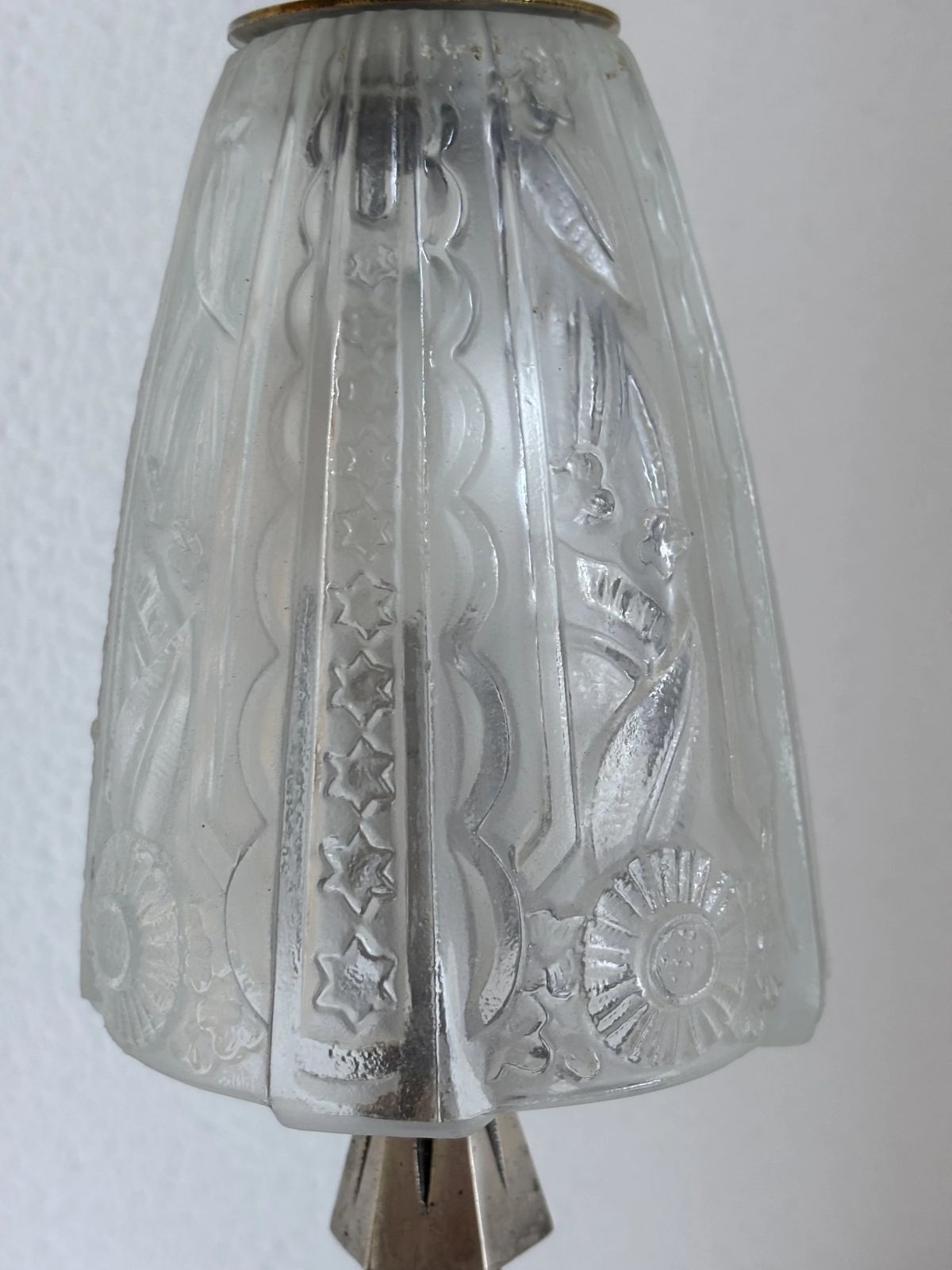 Lighting Art Deco Table Lamp, 1920s–1930s — Nickel Plated Metal Tree Trunk Base, Molded Pressed Glass Shade — France   35cm photo