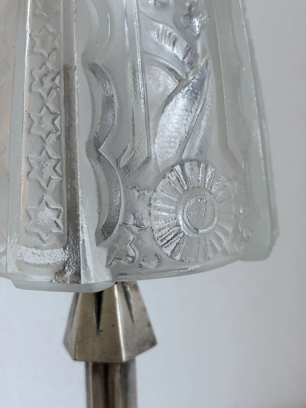 photo buy Art Deco Table Lamp, 1920s–1930s — Nickel Plated Metal Tree Trunk Base, Molded Pressed Glass Shade — France   35cm